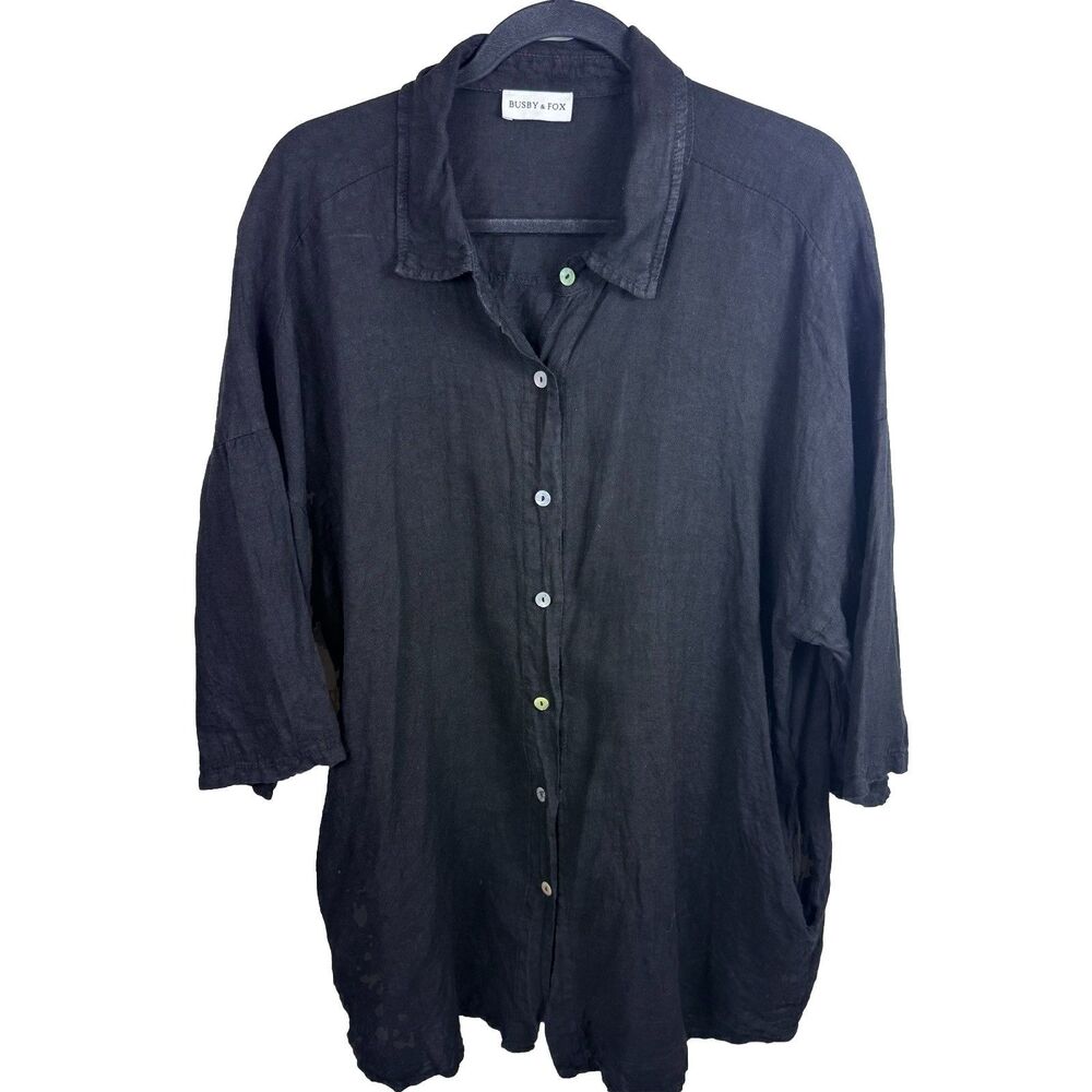 Busby & Fox Womens 100% Linen Black Dress Size Large Pockets Button Down Collar